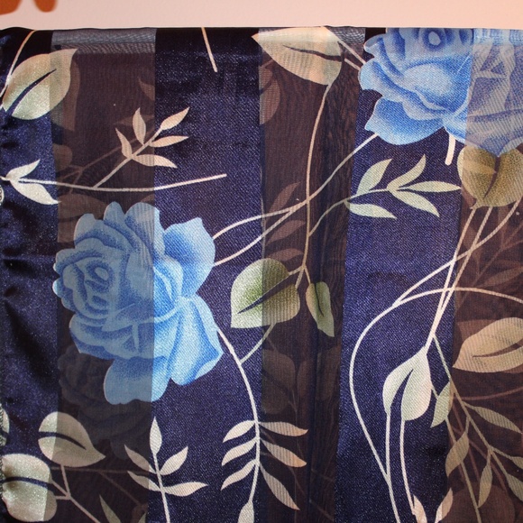Vintage Navy Blue Floral Rose Print Rectangular Long Satin Scarf - Picture 3 of 4